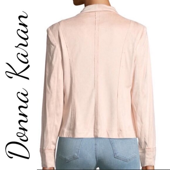 NWOT DONNA KARAN Microsuede Blush Pink Shimmer Open Waterfall Cardigan Jacket, 8 - Picture 3 of 9